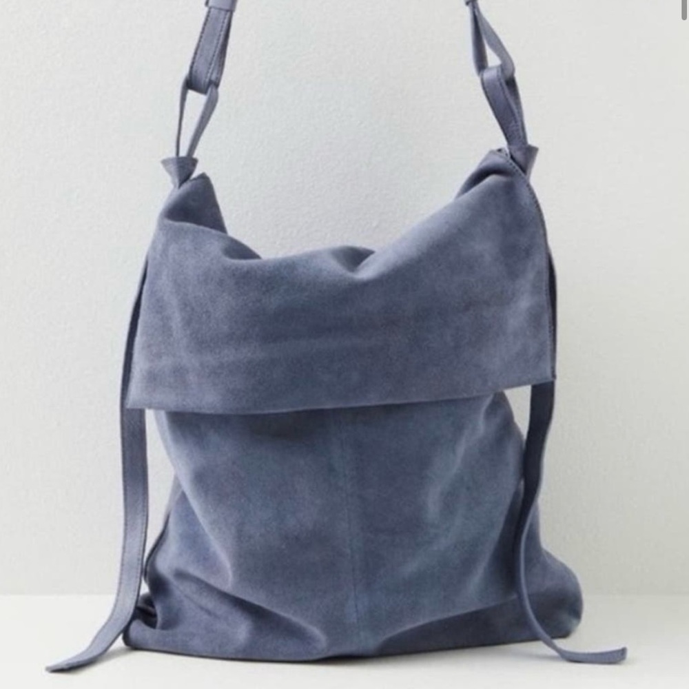 Free People Roswell Boho Slouchy Suede Leather Messenger Tote Bag Gray Blue
